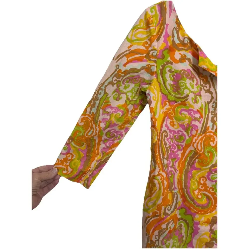 J. Crew Shift Dress Women’s 0 Linen 3/4 Sleeve Mod Paisley‎ Retro Hippie READ